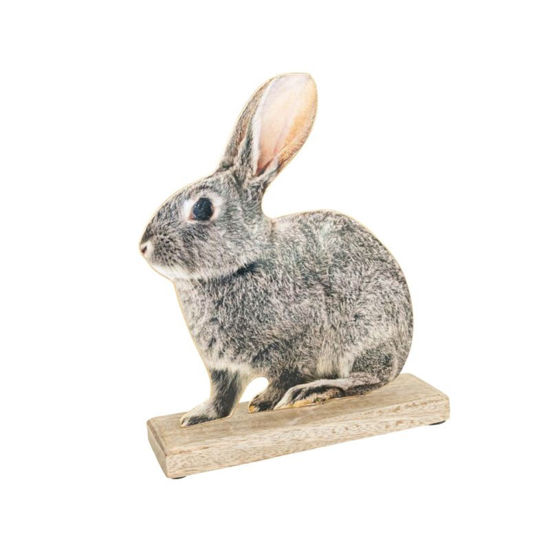 Osterhase aus Metall in Grau auf Holzsockel 19 x 5 x 20 cm stilvolle Osterdekoration